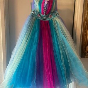 Girls Multicolor Tulle Party Dress with Jeweled Waistband